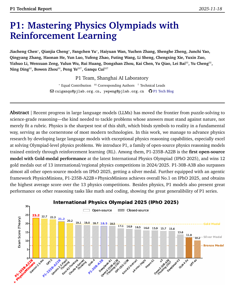 P1-235B-A22B + PhysicsMinions ranks No.1 on IPhO 2025.
